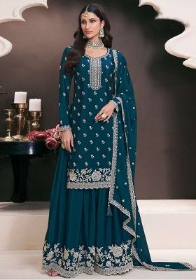 Blue Embroidered Silk Sharara Set