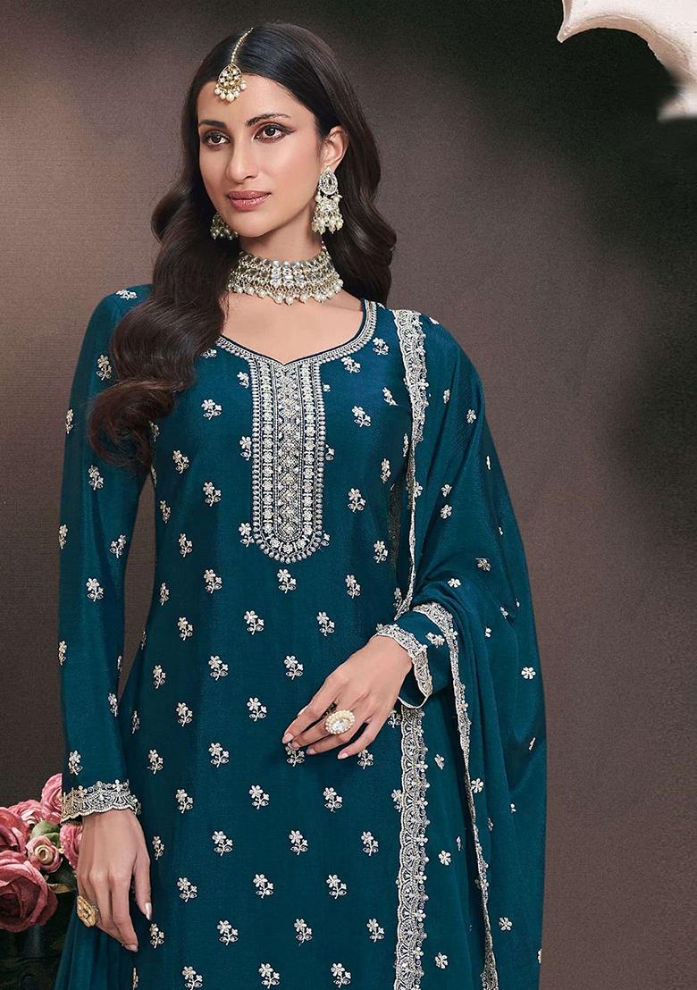 Blue Embroidered Silk Sharara Set