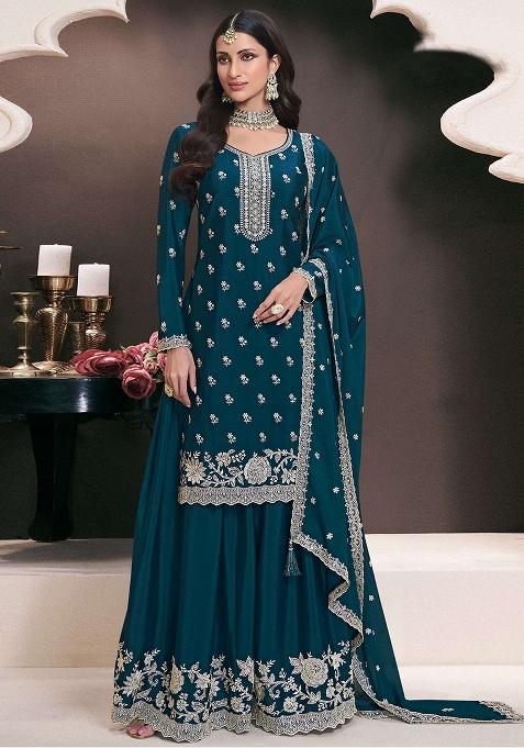 Blue Embroidered Silk Sharara Set