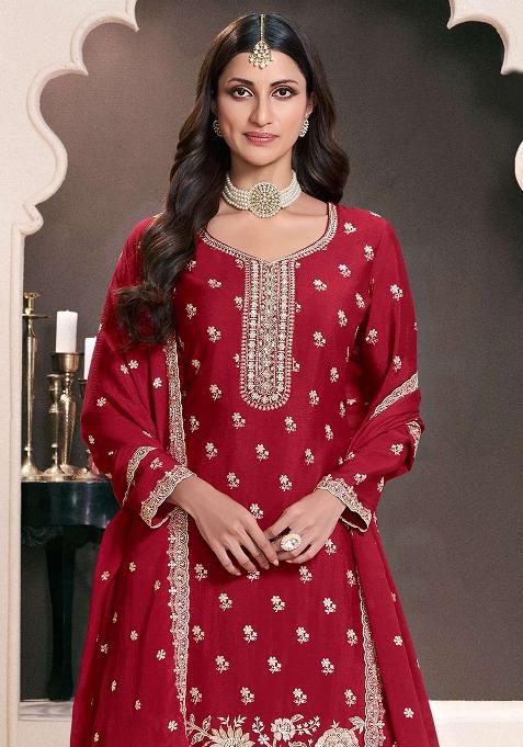 Red Embroidered Silk Sharara Set