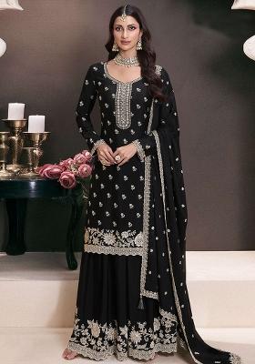 Black Embroidered Silk Sharara Set