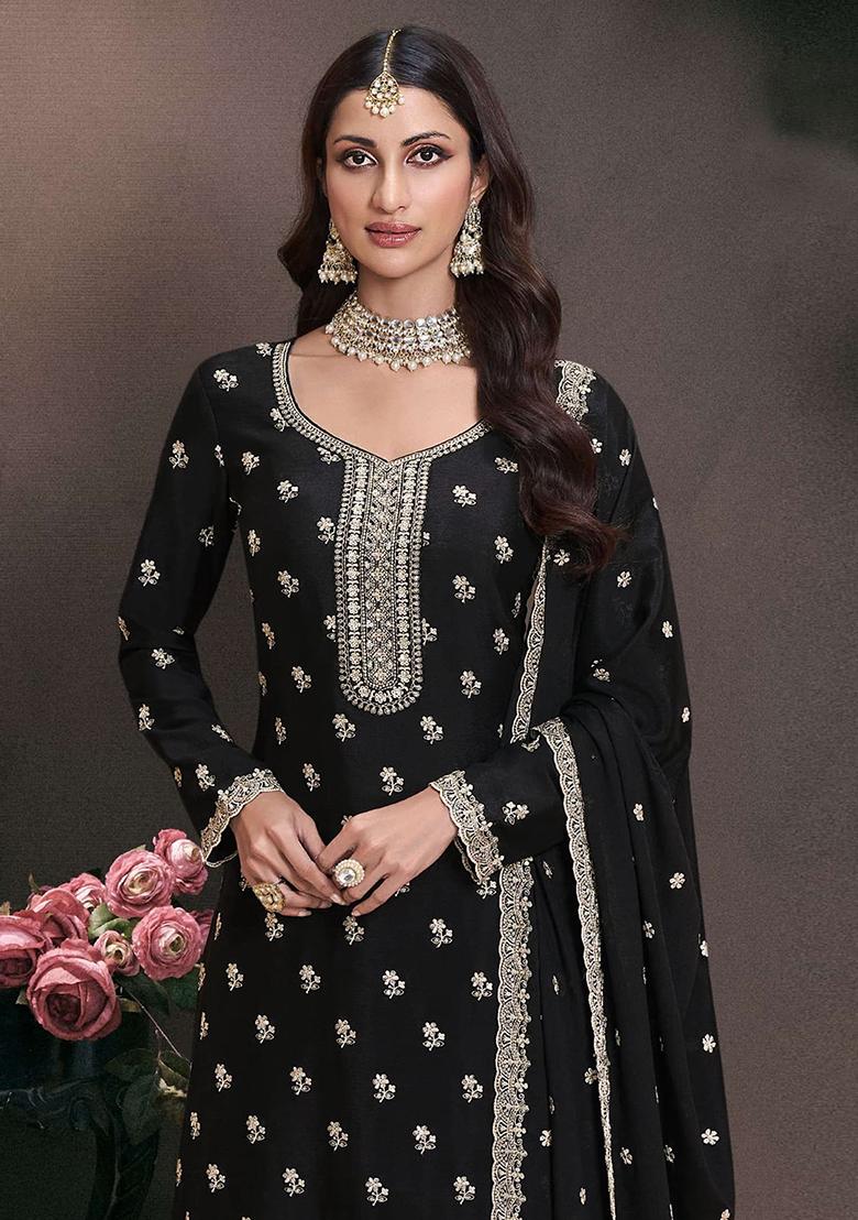 Black Embroidered Silk Sharara Set