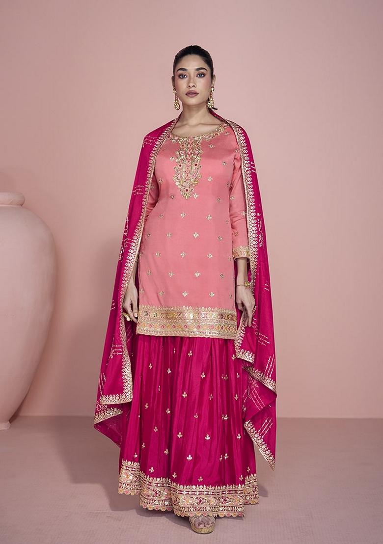 Blush Pink Embroidered Chinnon Sharara Set With Dupatta