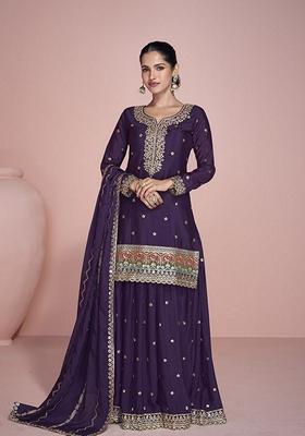Dark Purple Embroidered Chinnon Sharara Set With Dupatta