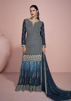 Teal Blue Embroidered Chinnon Sharara Set With Dupatta