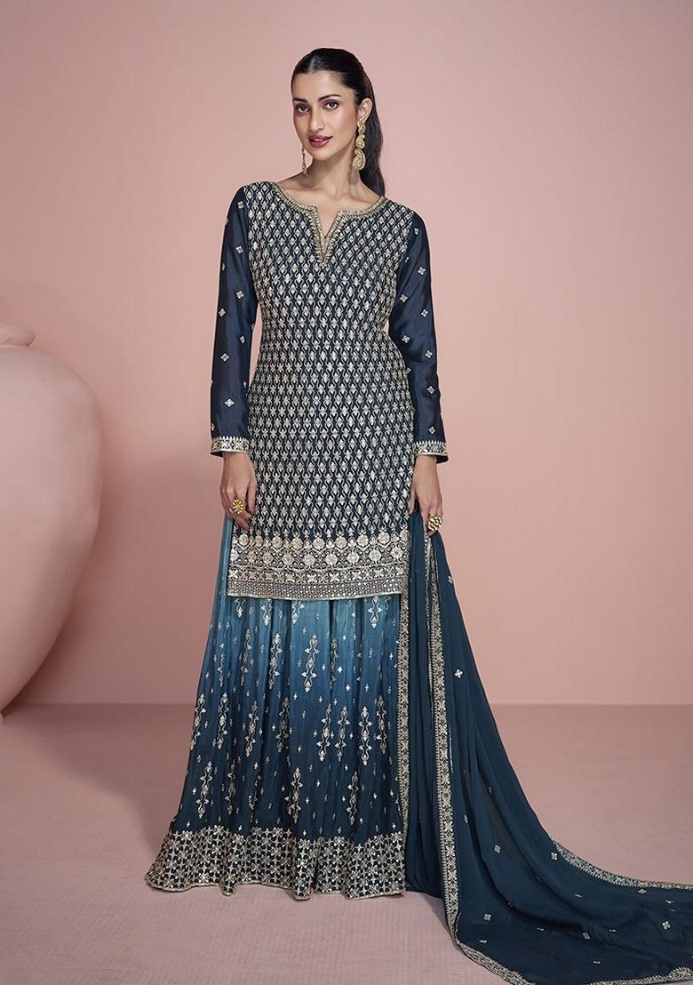 Teal Blue Embroidered Chinnon Sharara Set With Dupatta