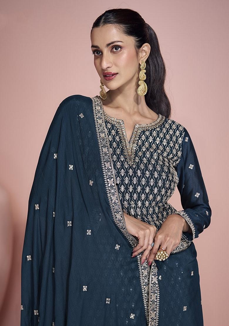 Teal Blue Embroidered Chinnon Sharara Set With Dupatta