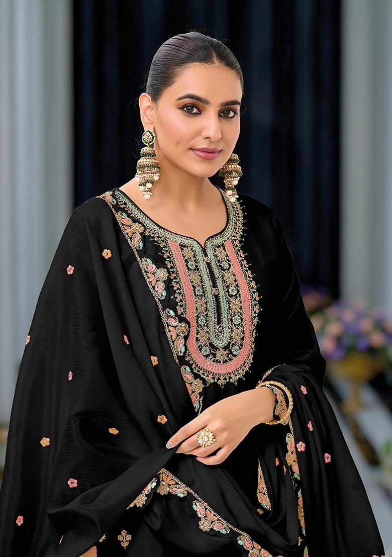 Black Embroidered Chinnon Palazzo Set With Dupatta