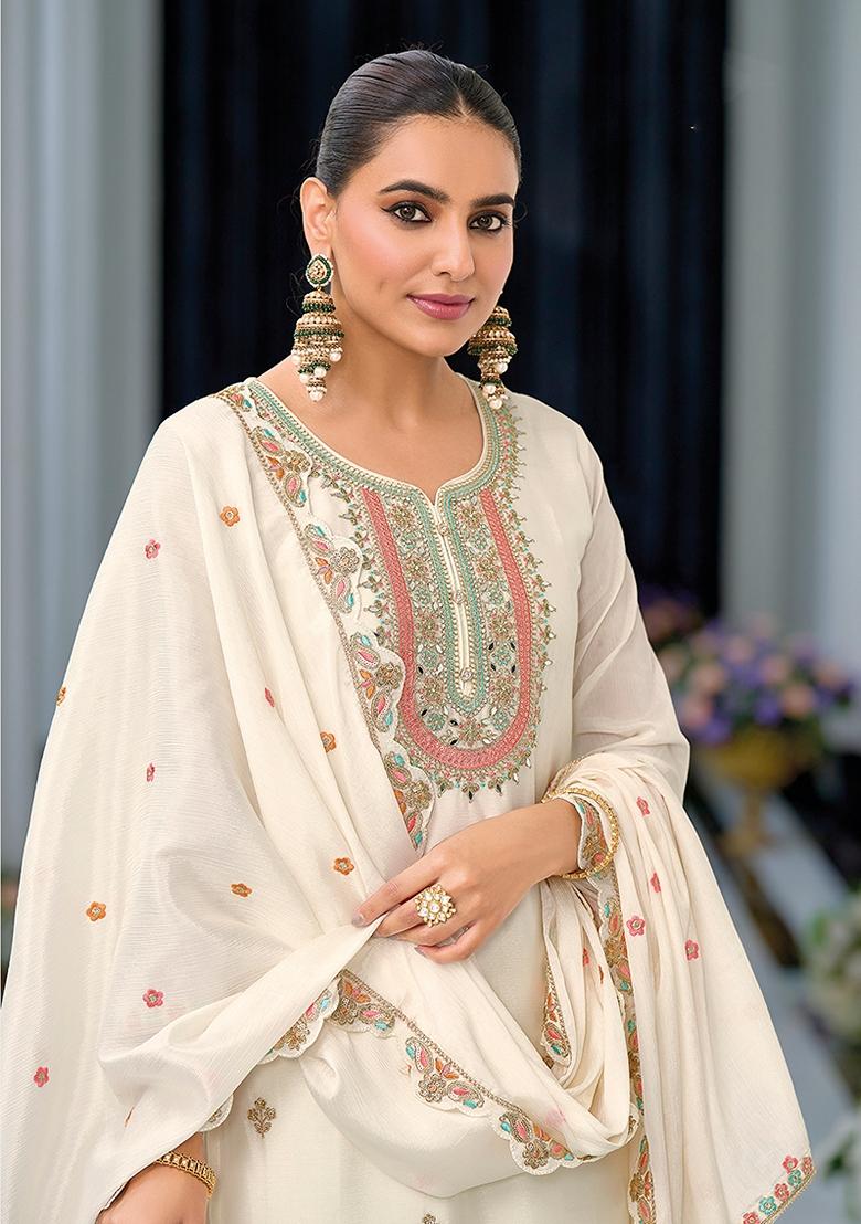 Off White Embroidered Chinnon Palazzo Set With Dupatta