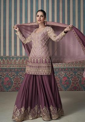 Mauve Purple Embroidered Georgette Sharara Set With Dupatta