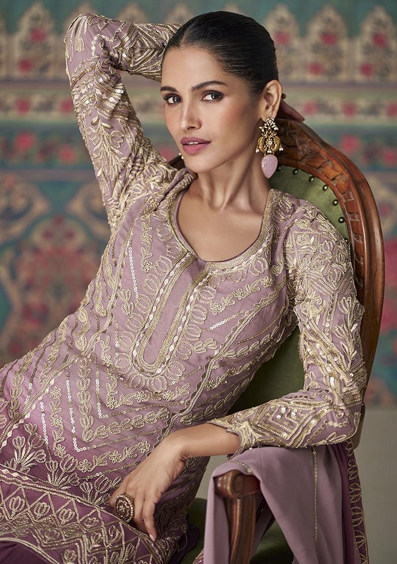 Mauve Purple Embroidered Georgette Sharara Set With Dupatta