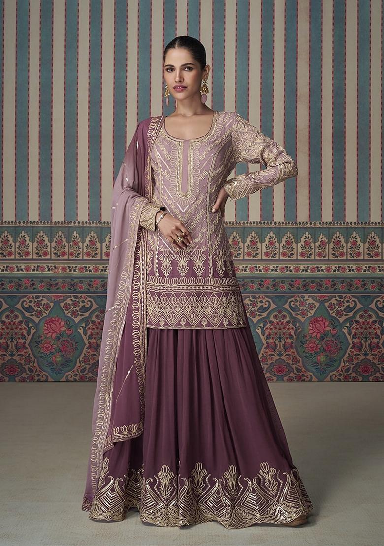 Mauve Purple Embroidered Georgette Sharara Set With Dupatta