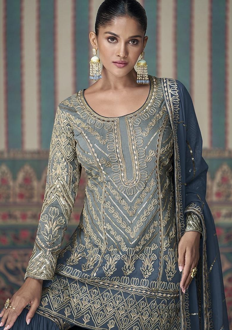 Grey And Teal Blue Embroidered Georgette Sharara Set With Dupatta