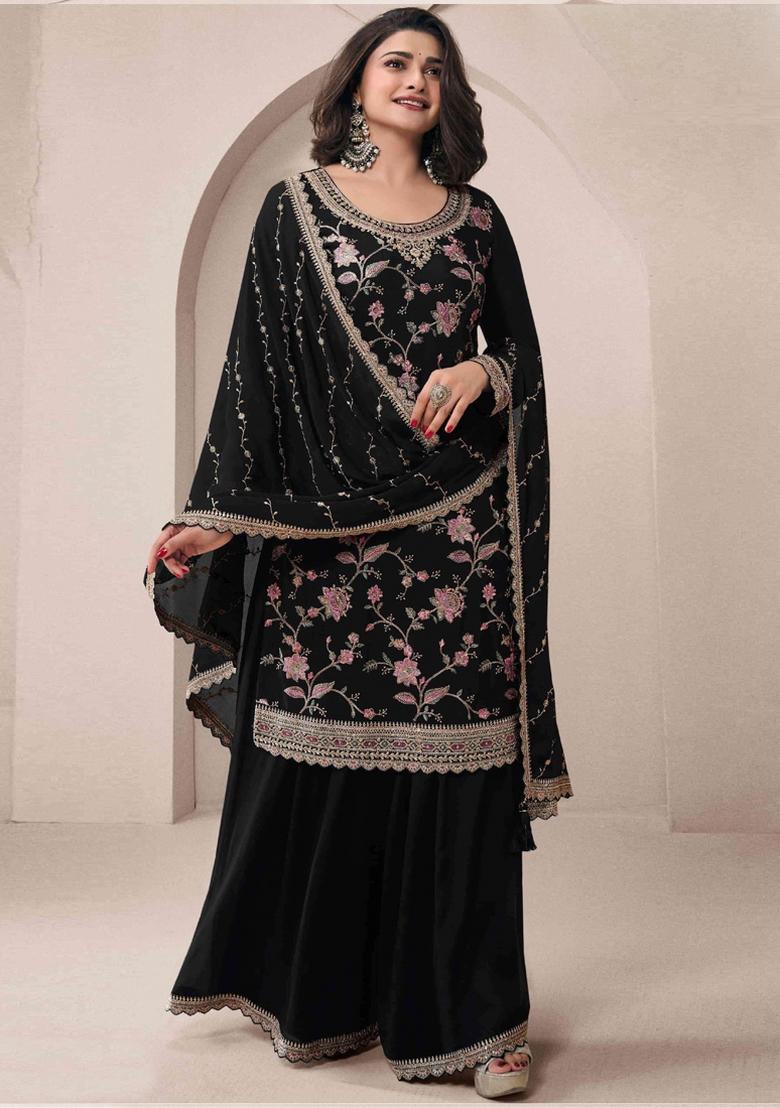 Black Embroidered Art Silk Sharara Set With Dupatta