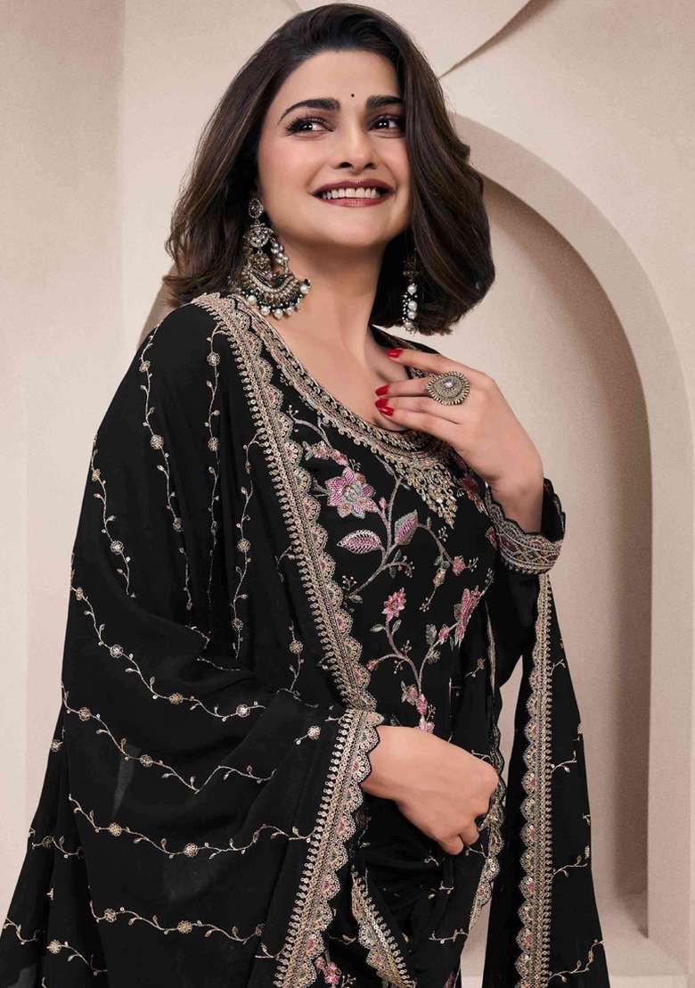Black Embroidered Silk Sharara Set - Indya