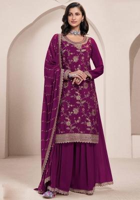 Violet Embroidered Art Silk Sharara Set With Dupatta