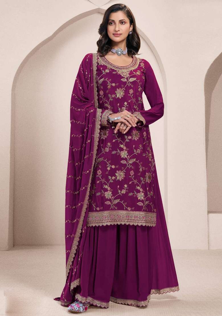 Violet Embroidered Silk Sharara Set - Indya
