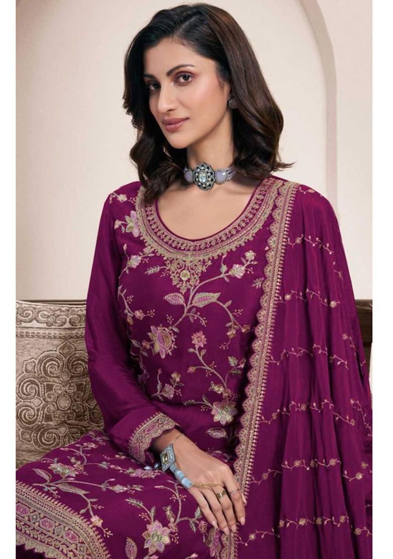 Violet Embroidered Art Silk Sharara Set With Dupatta