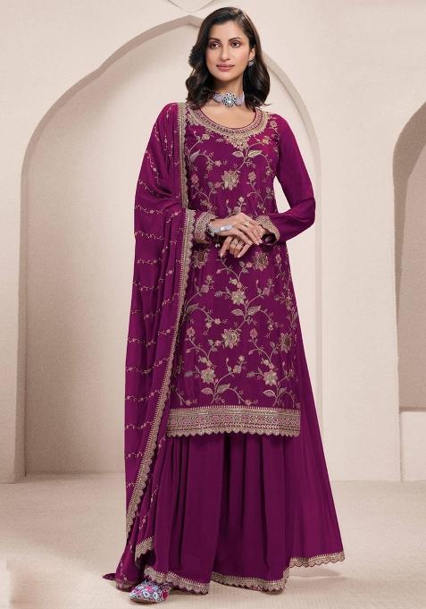 Violet Embroidered Art Silk Sharara Set With Dupatta