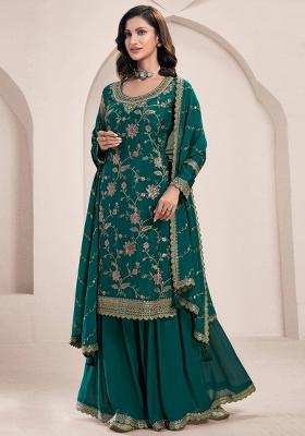 Green Embroidered Art Silk Sharara Set With Dupatta