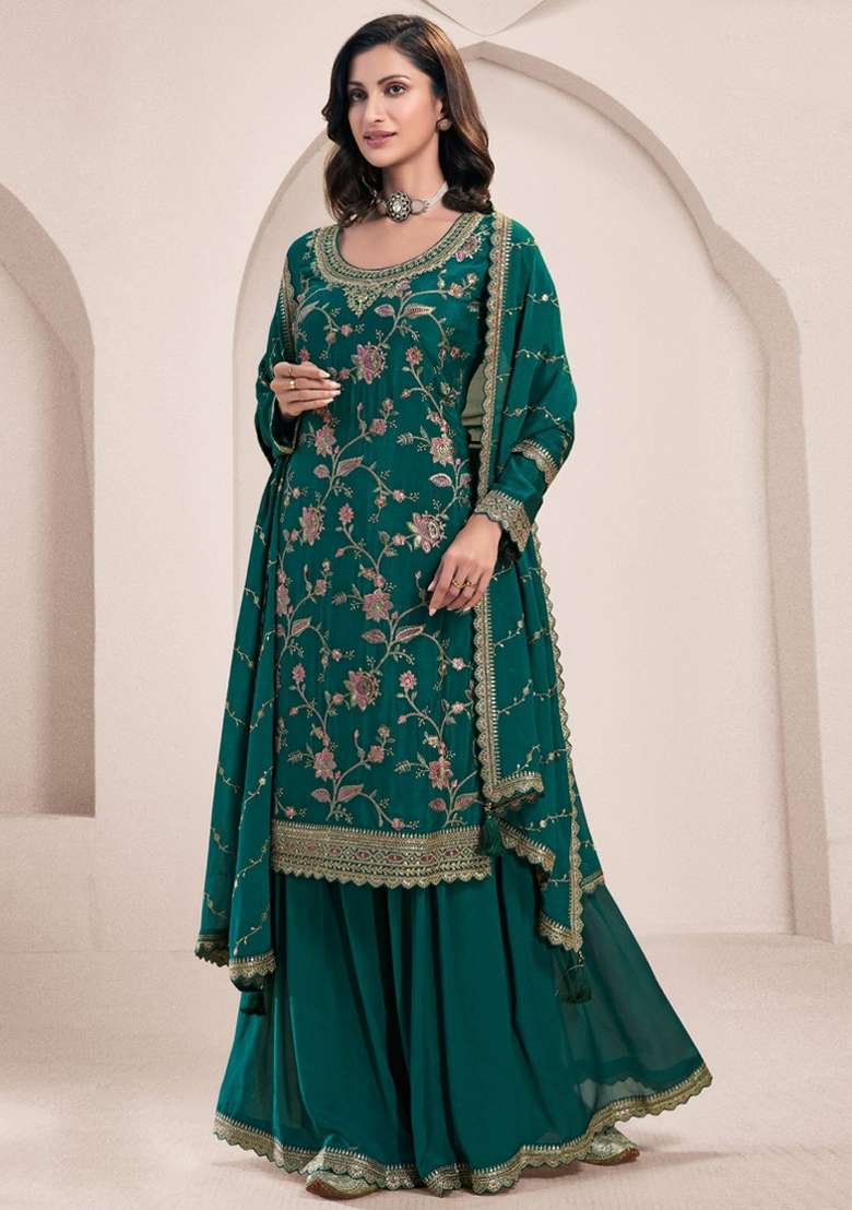 Green Embroidered Silk Sharara Set - Indya