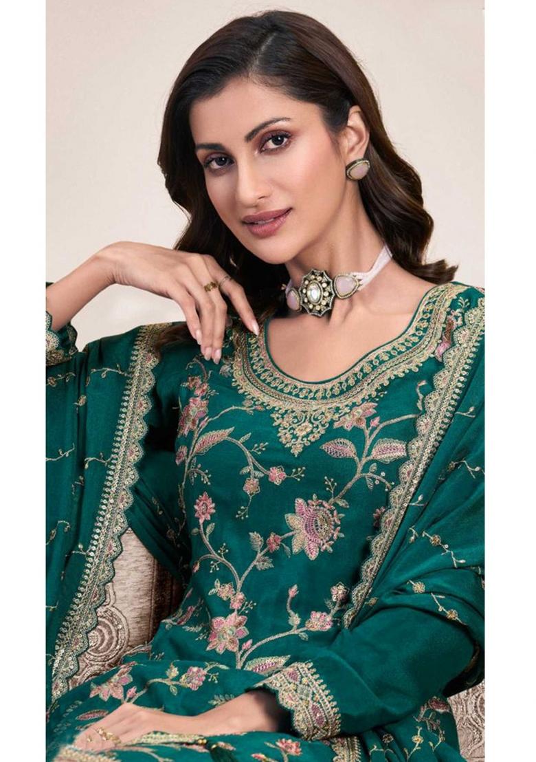 Green Embroidered Art Silk Sharara Set With Dupatta