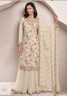 Cream Embroidered Art Silk Sharara Set With Dupatta