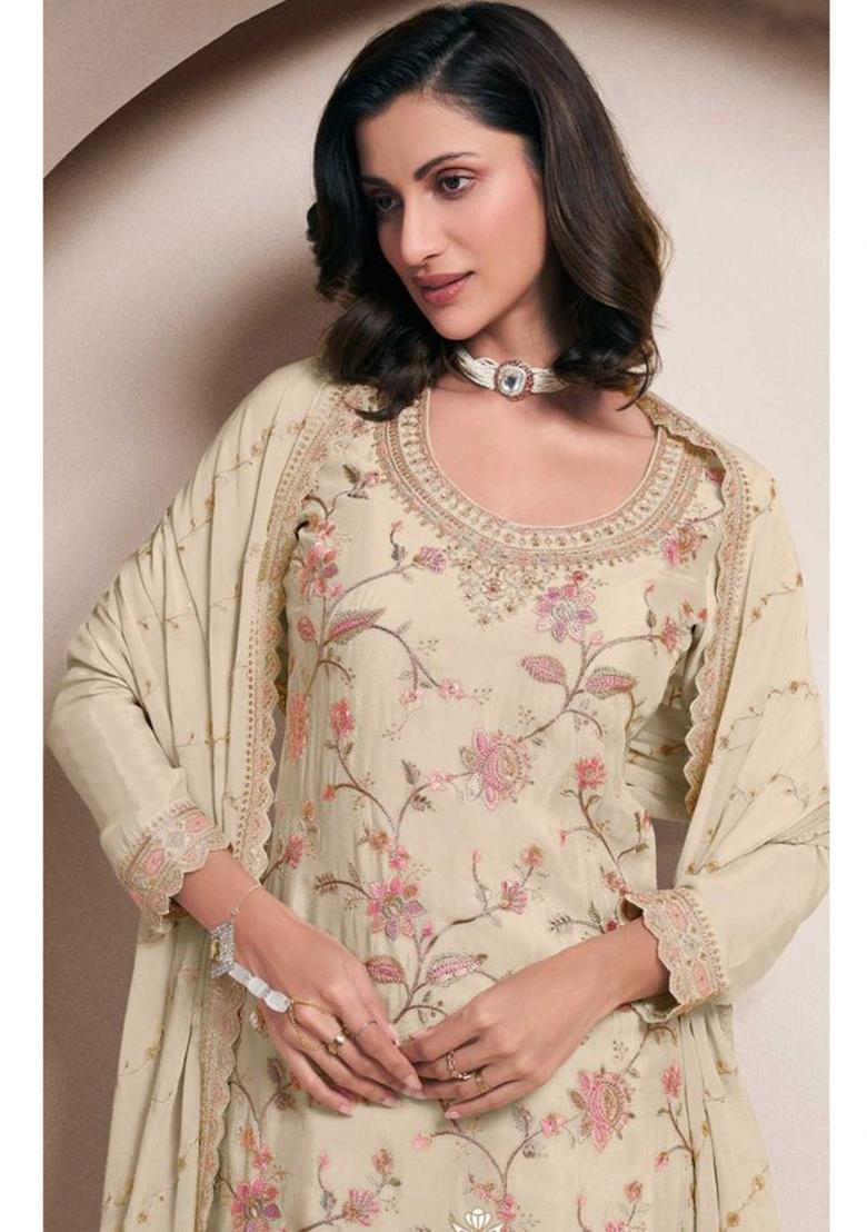 Cream Embroidered Art Silk Sharara Set With Dupatta