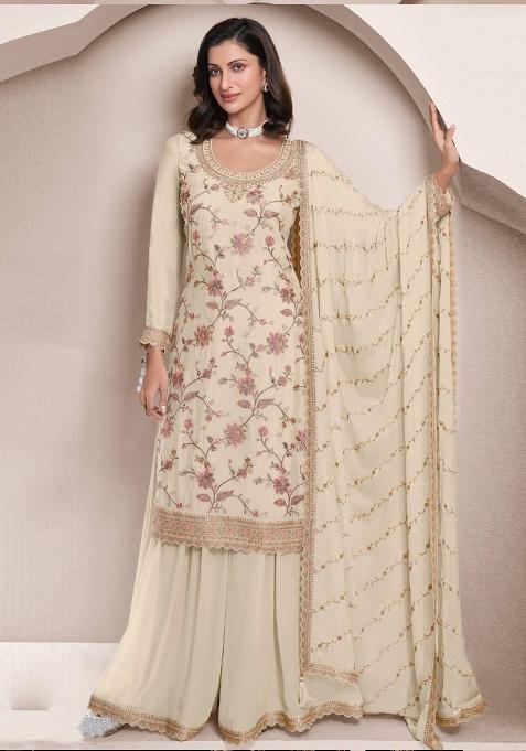 Cream Embroidered Art Silk Sharara Set With Dupatta