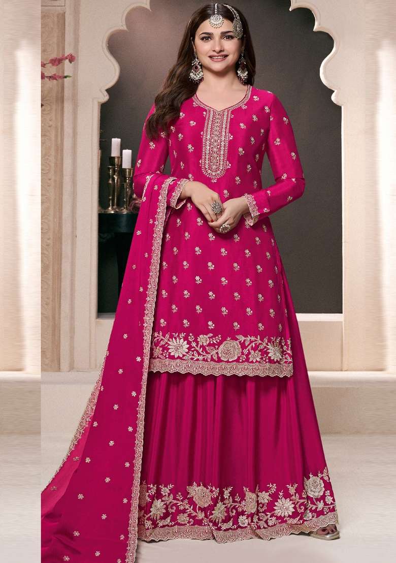 Rani Pink Embroidered Art Silk Palazzo Set With Dupatta - Indya