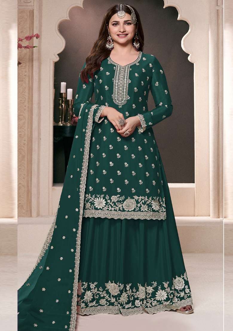 Dark Green Embroidered Silk Blend Sharara Set - Indya