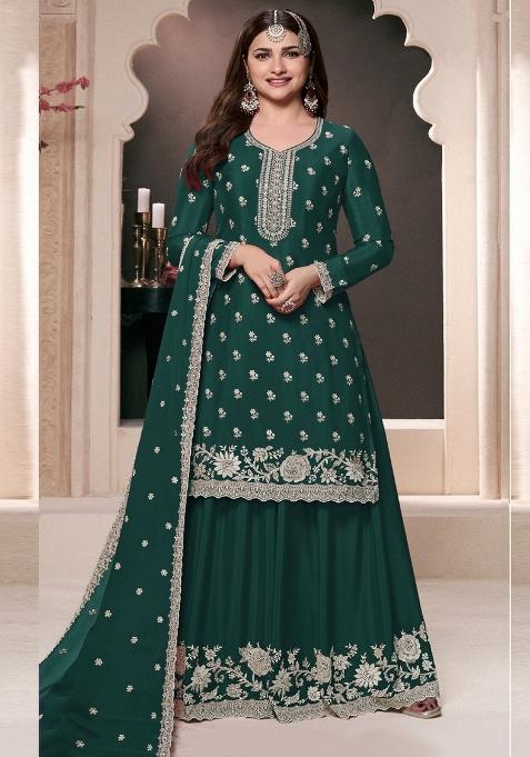 Dark Green Embroidered Art Silk Palazzo Set With Dupatta