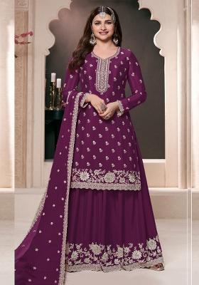 Violet Embroidered Art Silk Palazzo Set With Dupatta