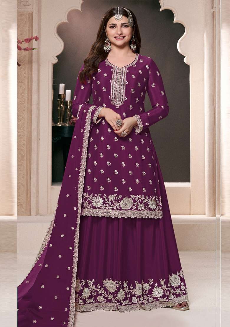 Violet Embroidered Silk Blend Sharara Set - Indya
