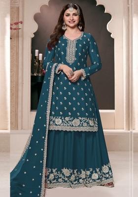 Aqua Blue Embroidered Art Silk Palazzo Set With Dupatta