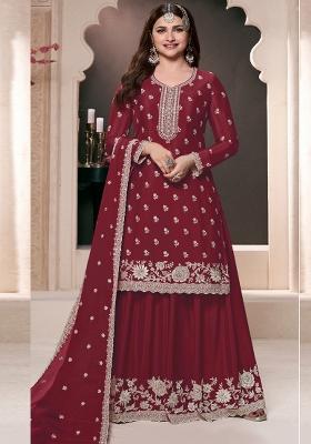 Maroon Embroidered Art Silk Palazzo Set With Dupatta