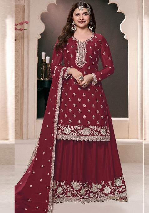 Maroon Embroidered Art Silk Palazzo Set With Dupatta