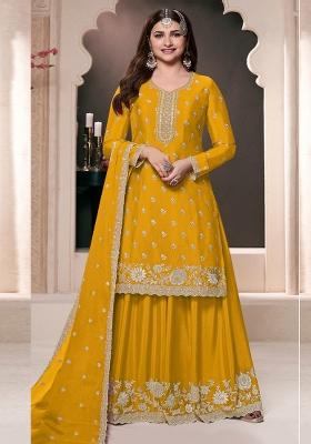 Yellow Embroidered Art Silk Palazzo Set With Dupatta
