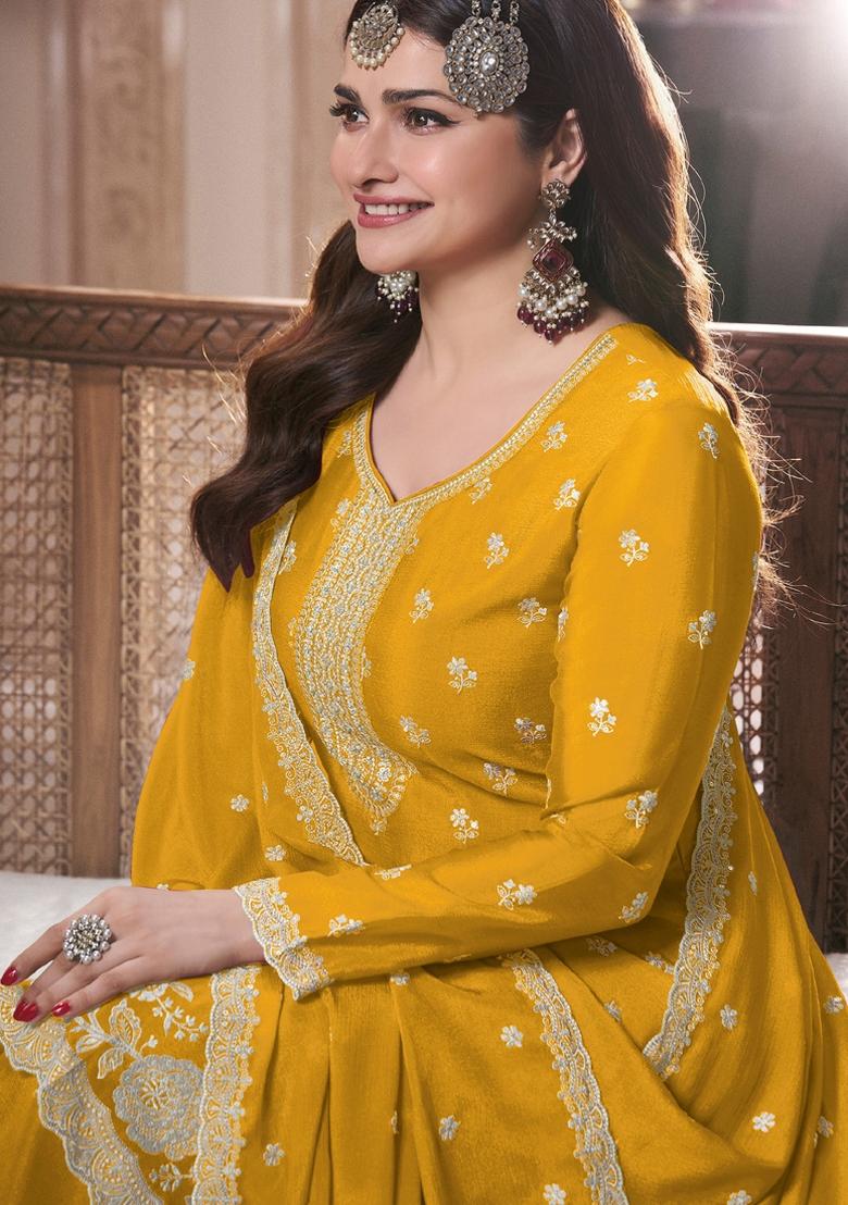 Yellow Embroidered Art Silk Palazzo Set With Dupatta