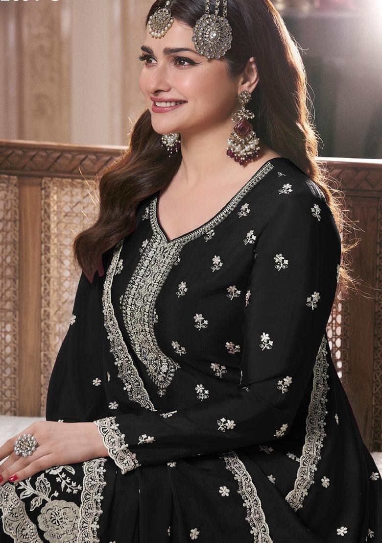 Black Embroidered Art Silk Palazzo Set With Dupatta