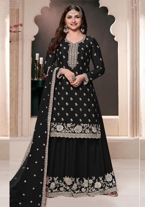 Black Embroidered Silk Sharara Set — view on Indya