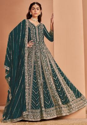 Green Embroidered Georgette Anarkali Set With Dupatta