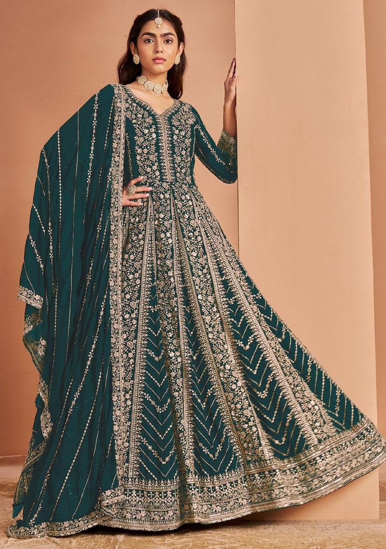Green Embroidered Georgette Anarkali Set - Indya