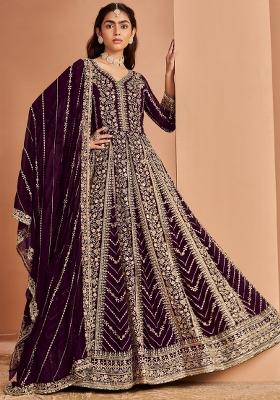 Violet Embroidered Georgette Anarkali Set With Dupatta