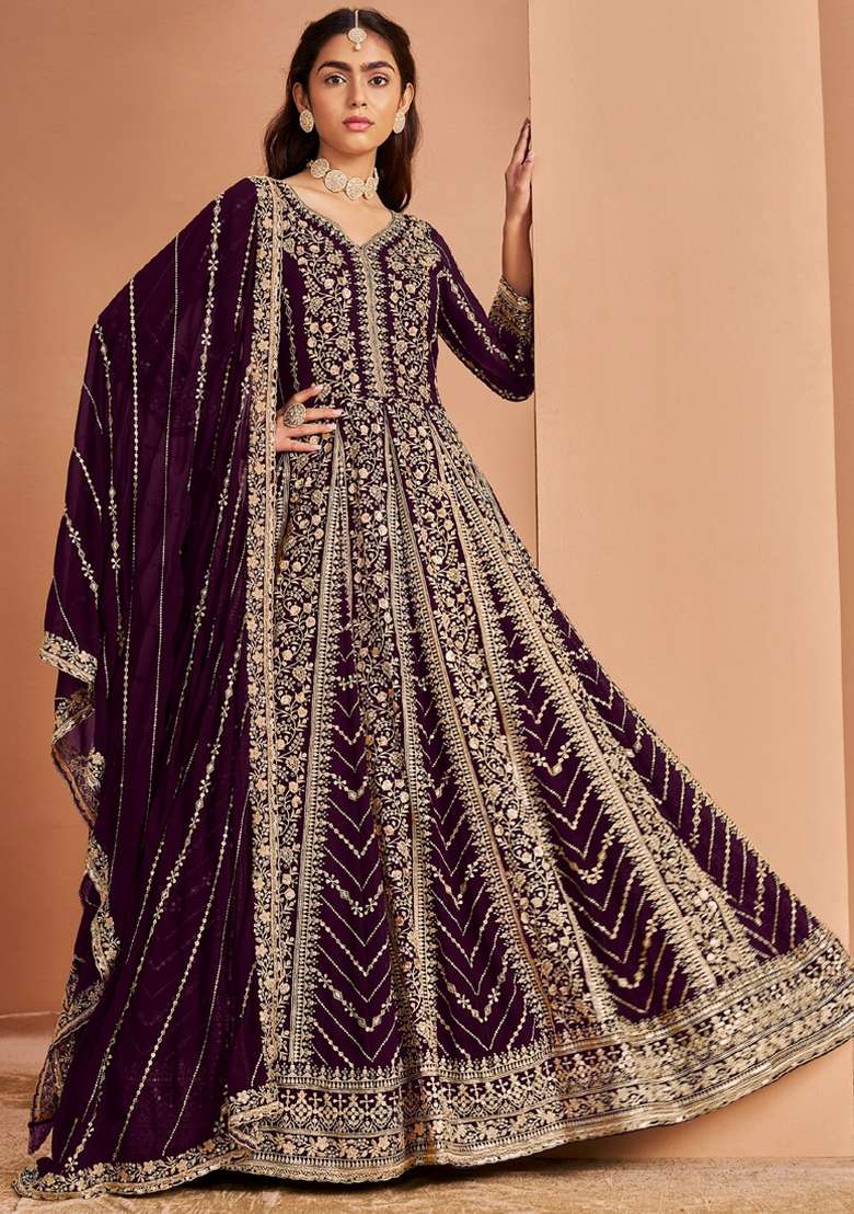 Violet Embroidered Georgette Anarkali Set - Indya
