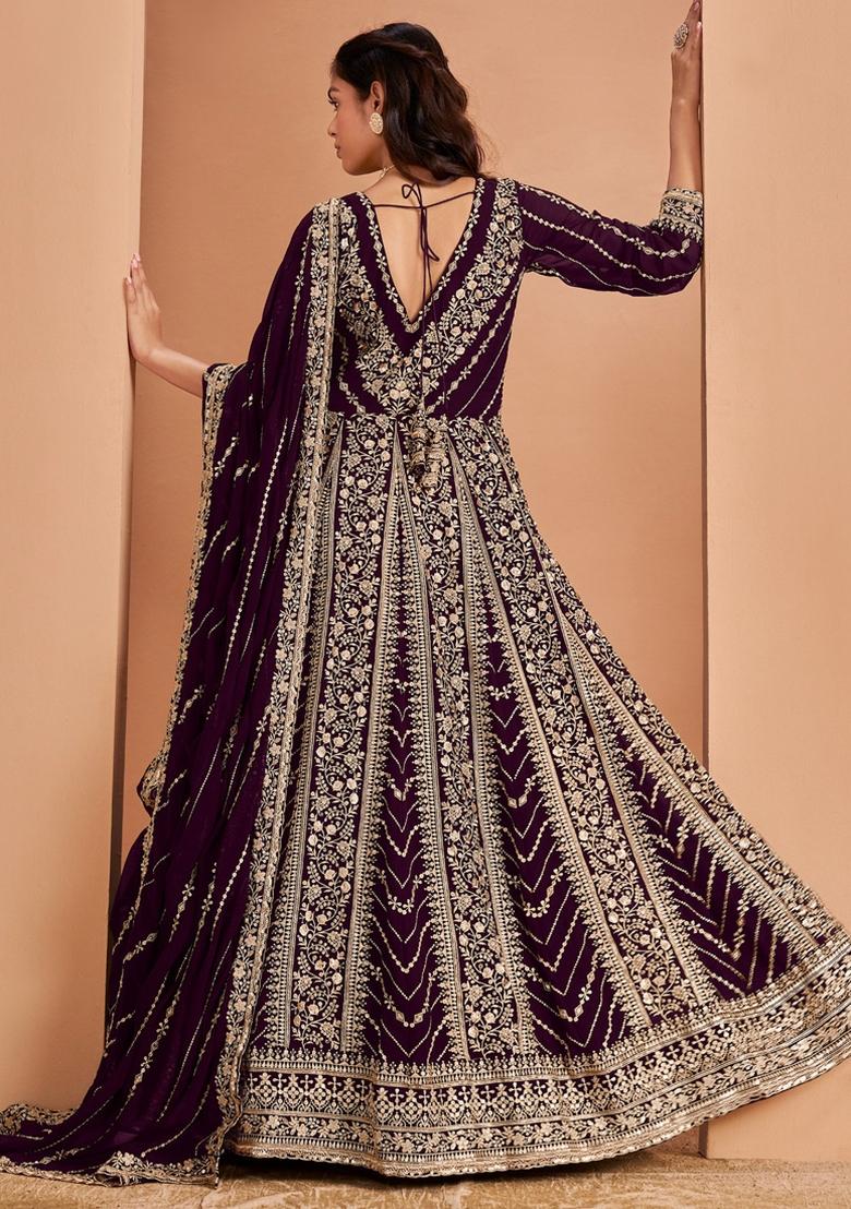 Violet Embroidered Georgette Anarkali Set With Dupatta