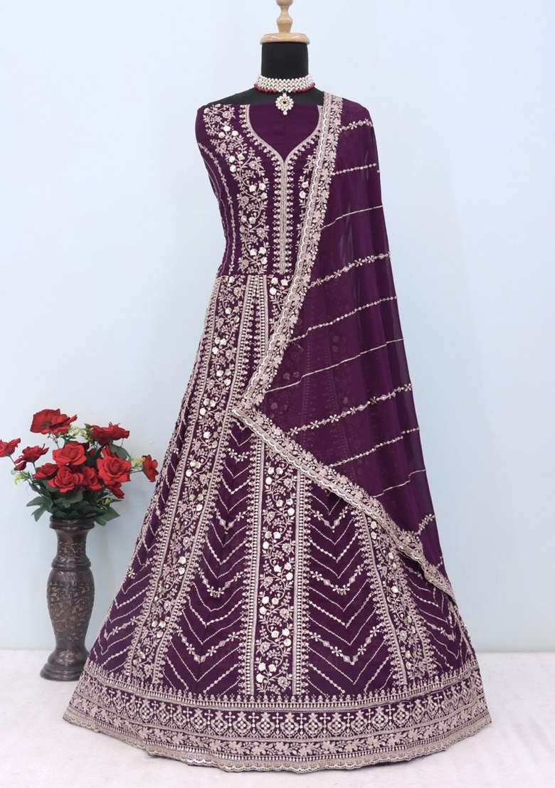 Violet Embroidered Georgette Anarkali Set - Indya
