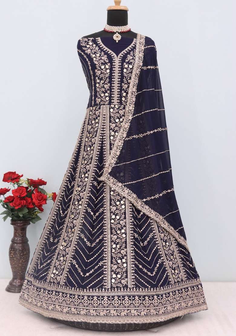 Blue Embroidered Georgette Anarkali Set - Indya