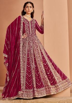 Maroon Embroidered Georgette Anarkali Set With Dupatta