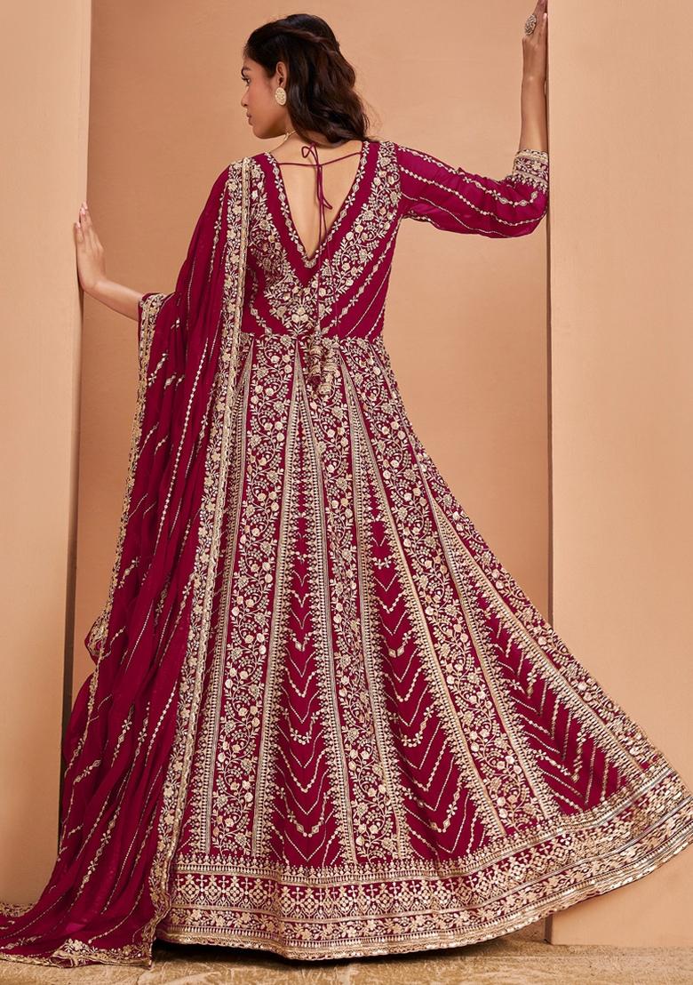 Maroon Embroidered Georgette Anarkali Set With Dupatta